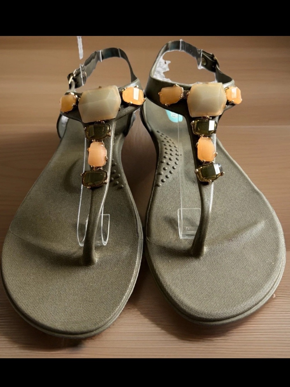 OKA-B Sandals Womens Size 9 Olive Green w/Peach & Orange Beads Kensley Flats USA